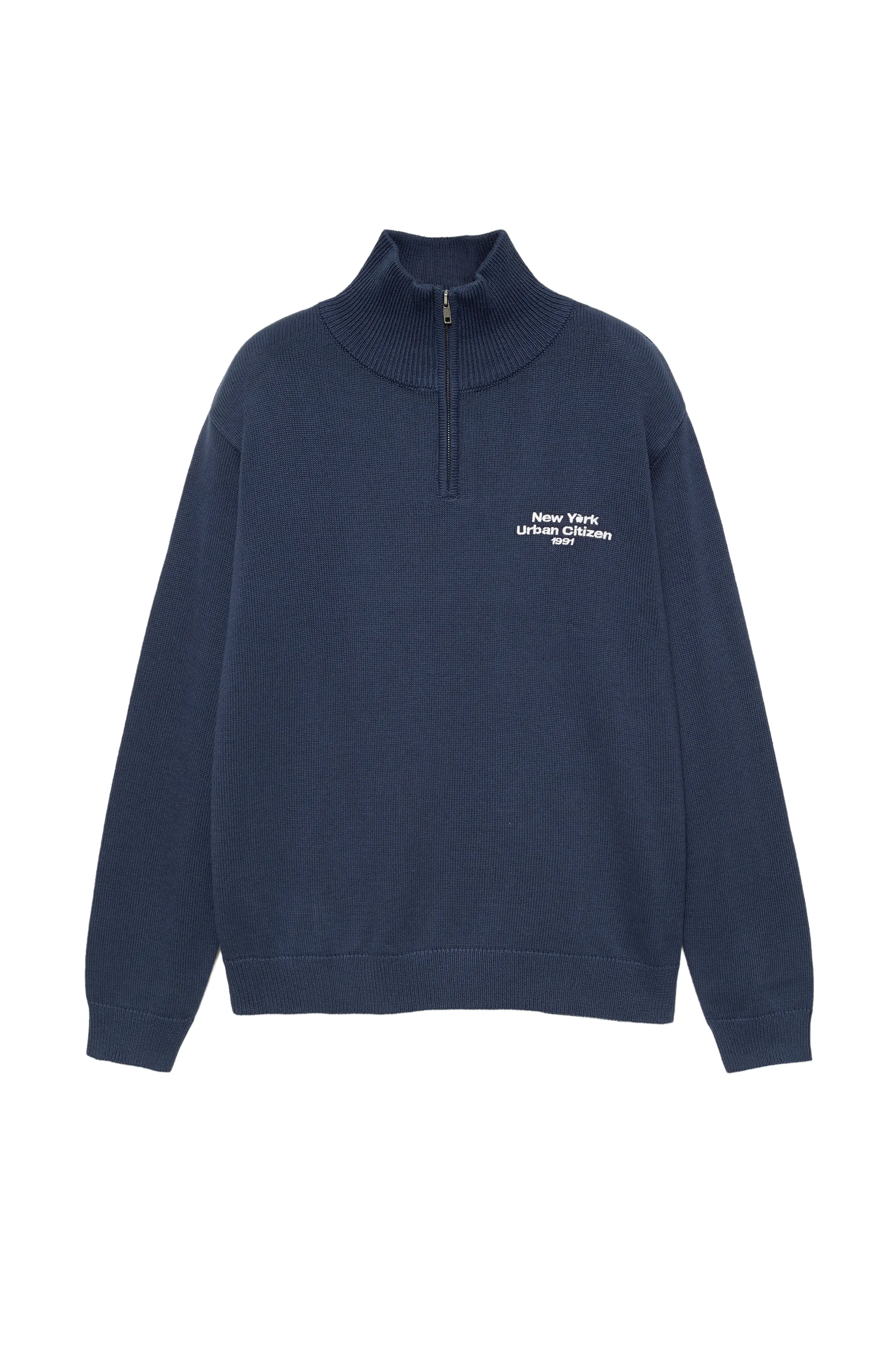 Pull&Bear Zip-Neck Embroidered Knit — Bleu indigo