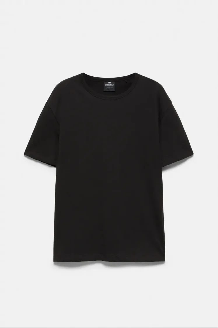 Pull&Bear Slim Fit Cotton Crew Tee — Black