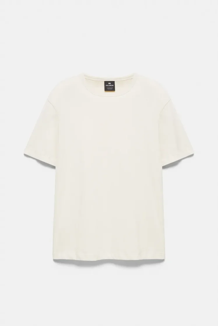 Pull&Bear Slim Fit Cotton Crew Tee — Cream