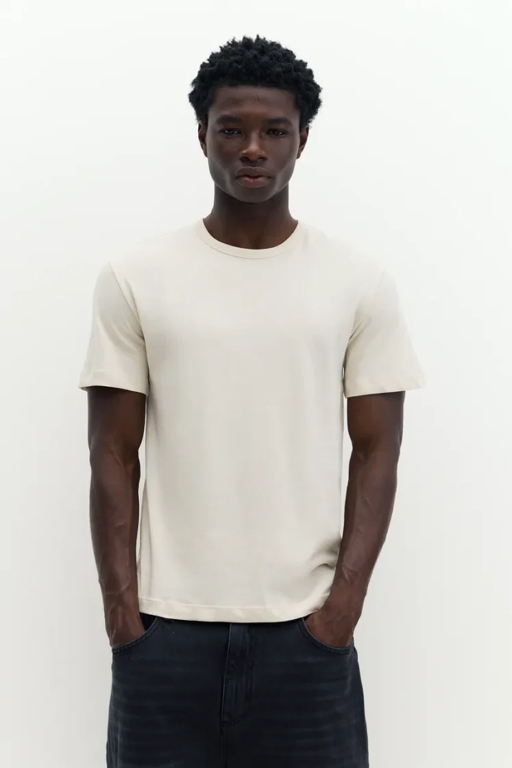 Pull&Bear Slim Fit Cotton Crew Tee — Cream