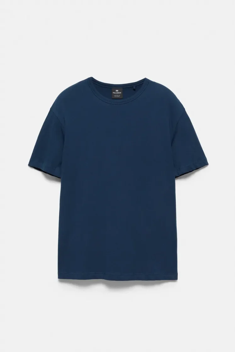Pull&Bear Slim Fit Cotton Crew Tee — Navy