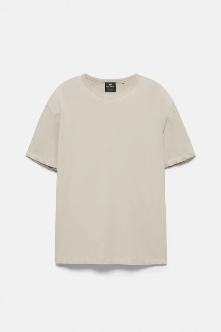Pull&Bear Slim Fit Cotton Crew Tee — Sand