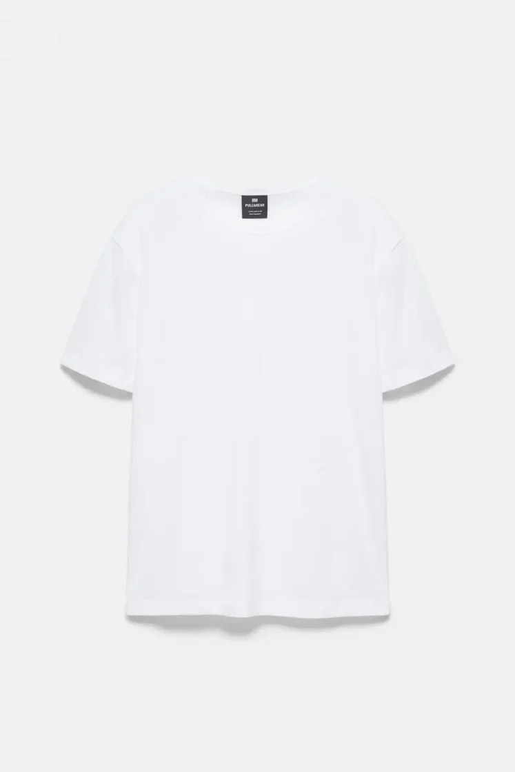 Pull&Bear Slim Fit Cotton Crew Tee — White