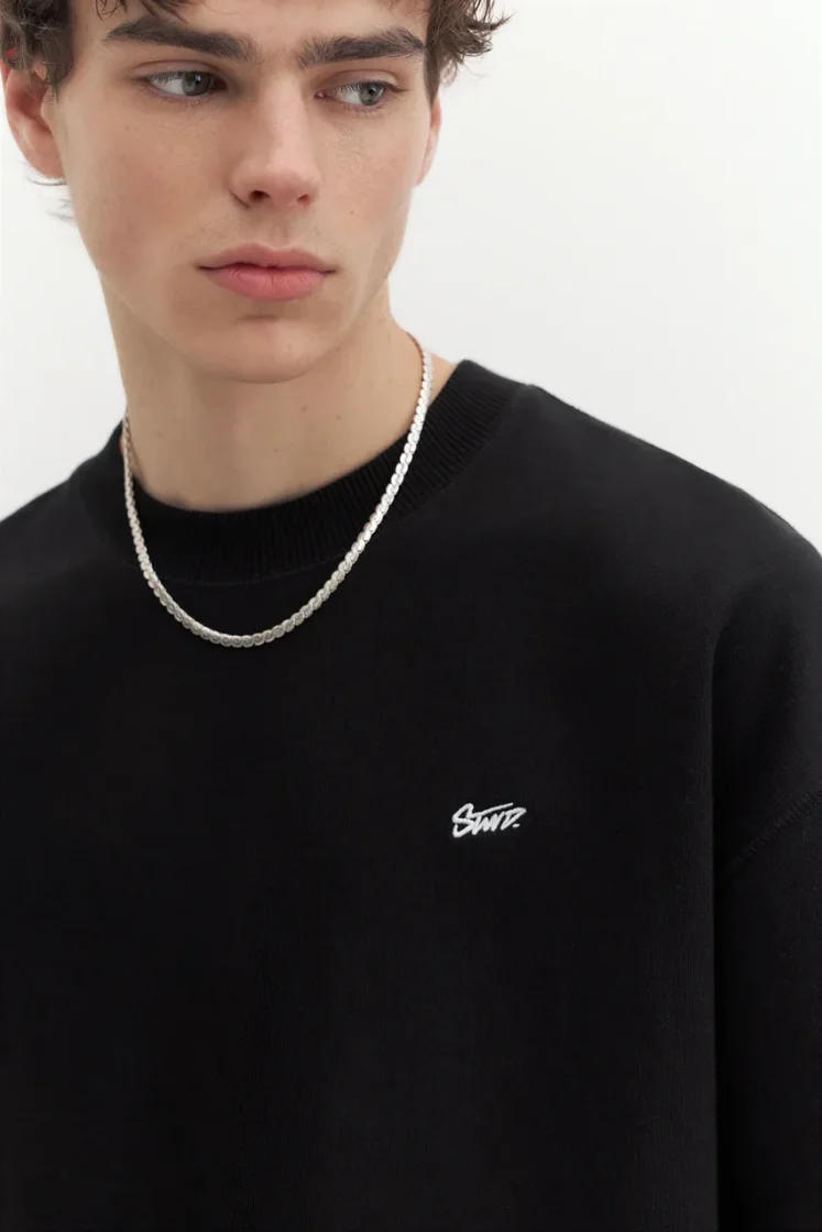 Pull&Bear STWD Embroidered Sweat Tee — Black