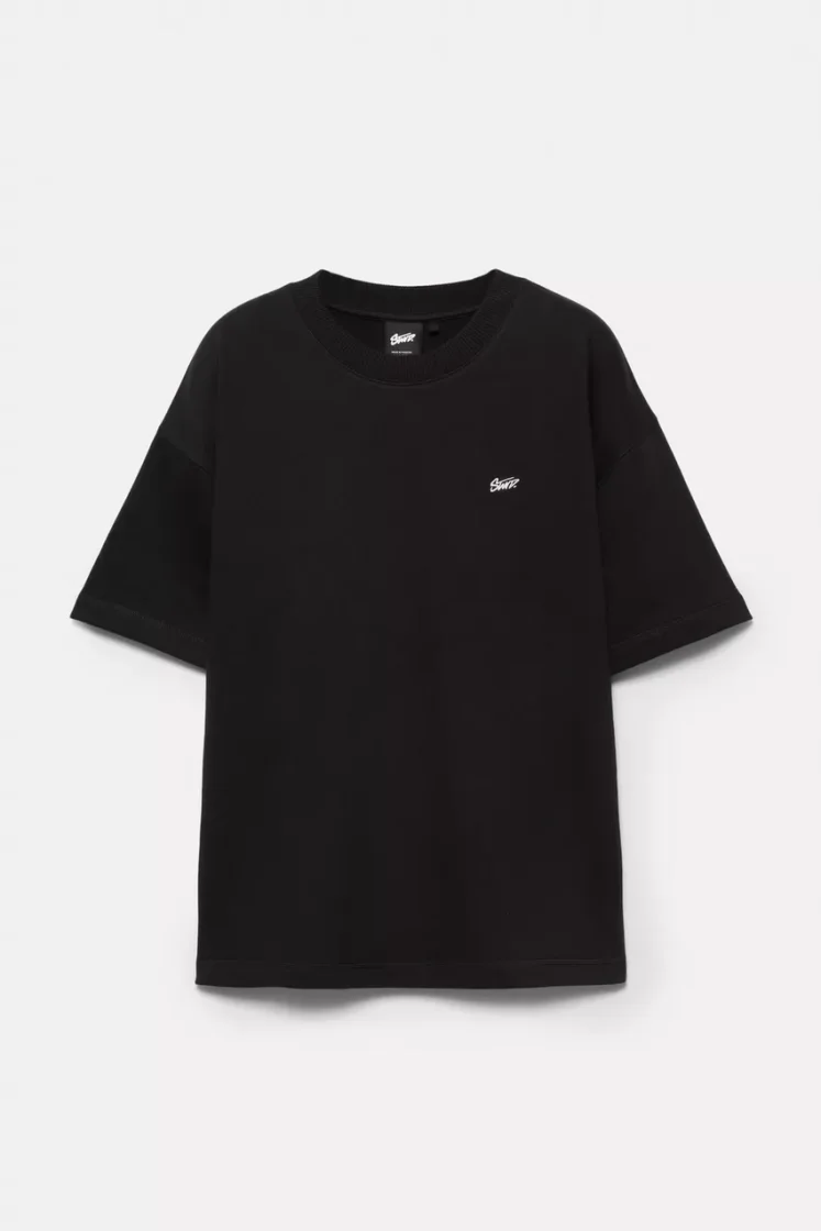 Pull&Bear STWD Embroidered Sweat Tee — Black
