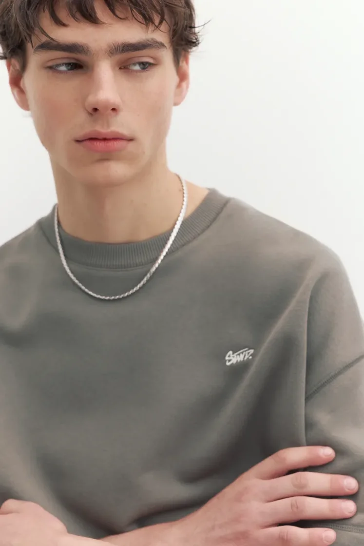 Pull&Bear STWD Embroidered Sweat Tee — Grey