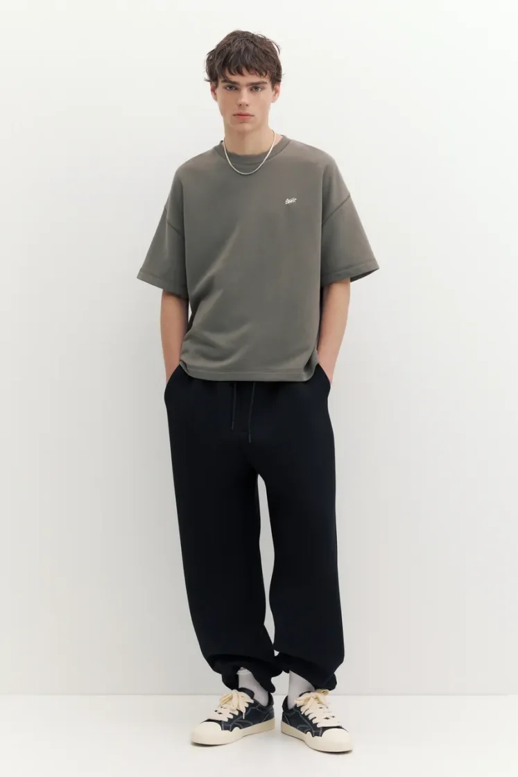 Pull&Bear STWD Embroidered Sweat Tee — Grey