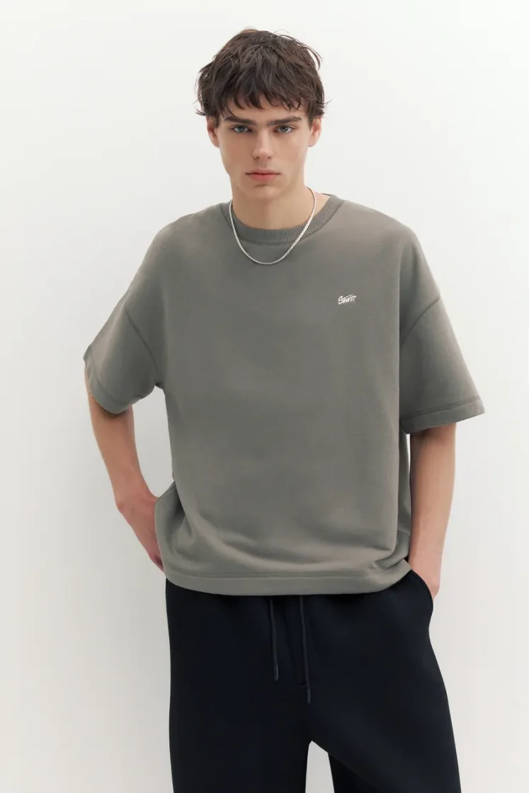 Pull&Bear STWD Embroidered Sweat Tee — Grey