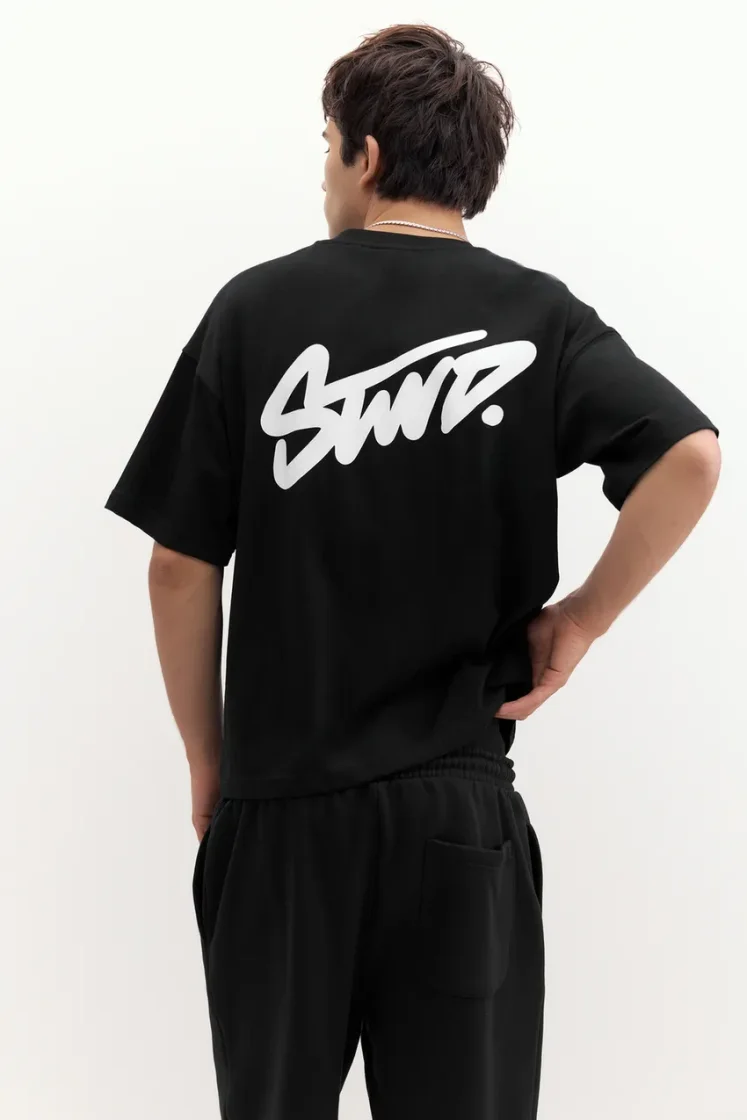 Pull&Bear Boxy STWD Logo Tee — Black