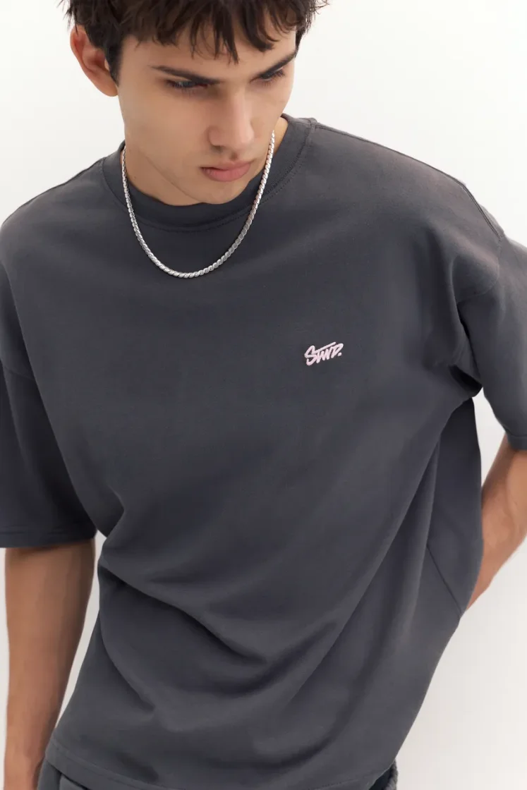 Pull&Bear Boxy STWD Logo Tee — Dark Grey