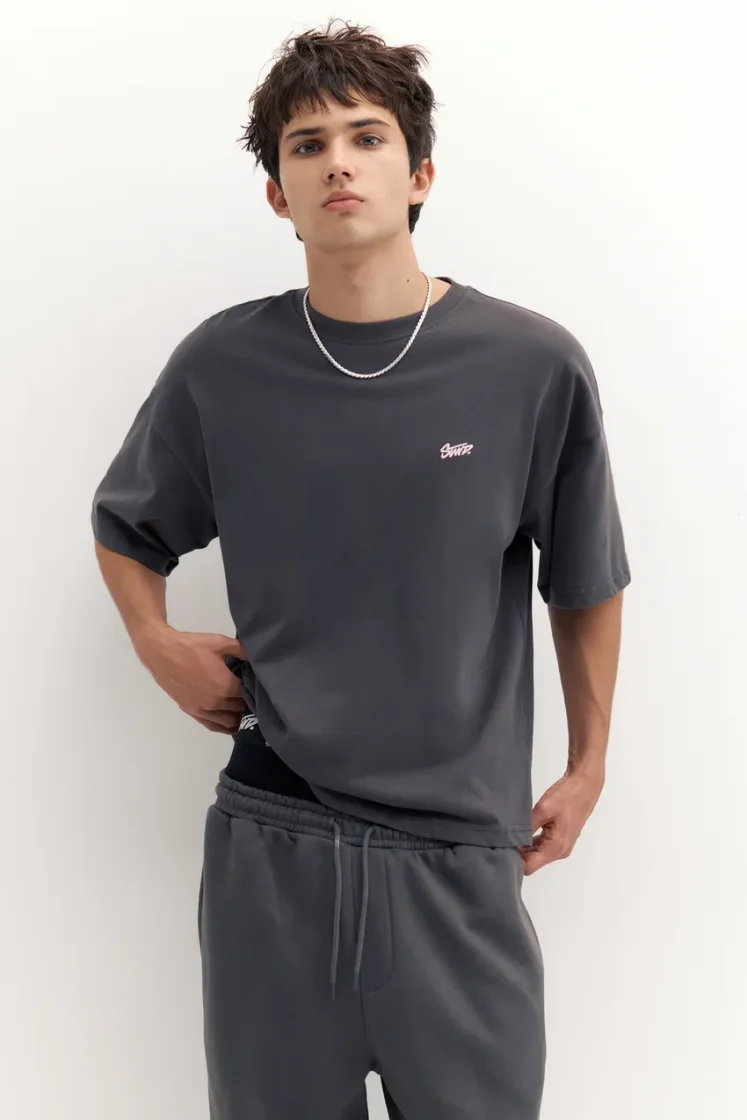 Pull&Bear Boxy STWD Logo Tee — Dark Grey