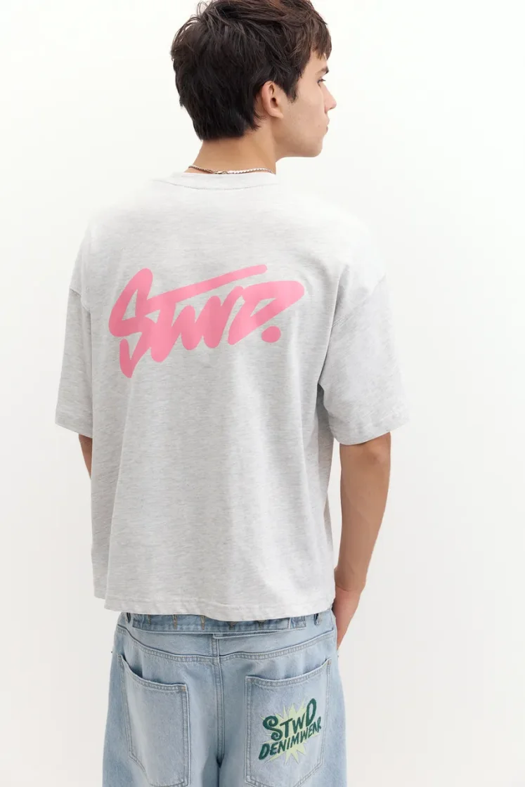 Pull&Bear Boxy STWD Logo Tee — Light Grey