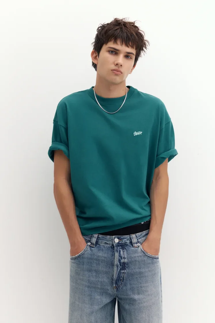 Pull&Bear Boxy STWD Logo Tee — Teal
