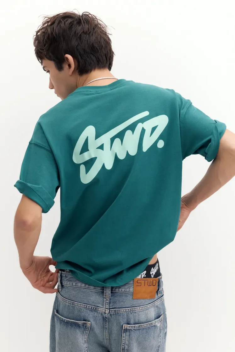 Pull&Bear Boxy STWD Logo Tee — Teal