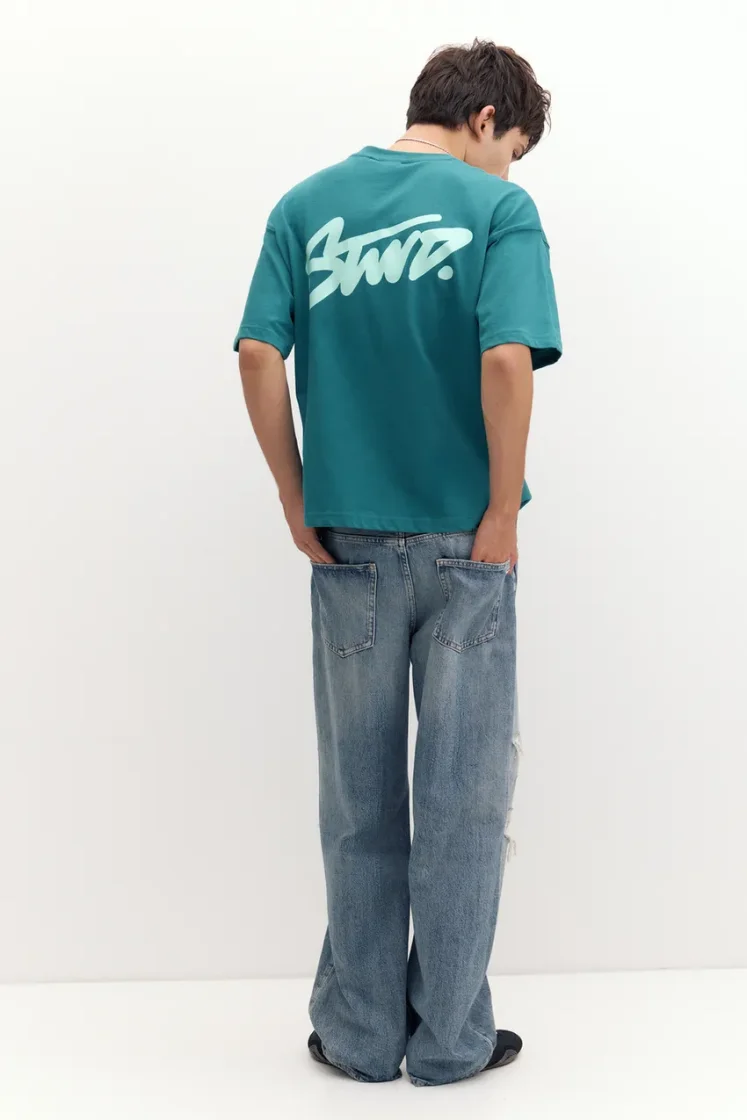 Pull&Bear Boxy STWD Logo Tee — Teal