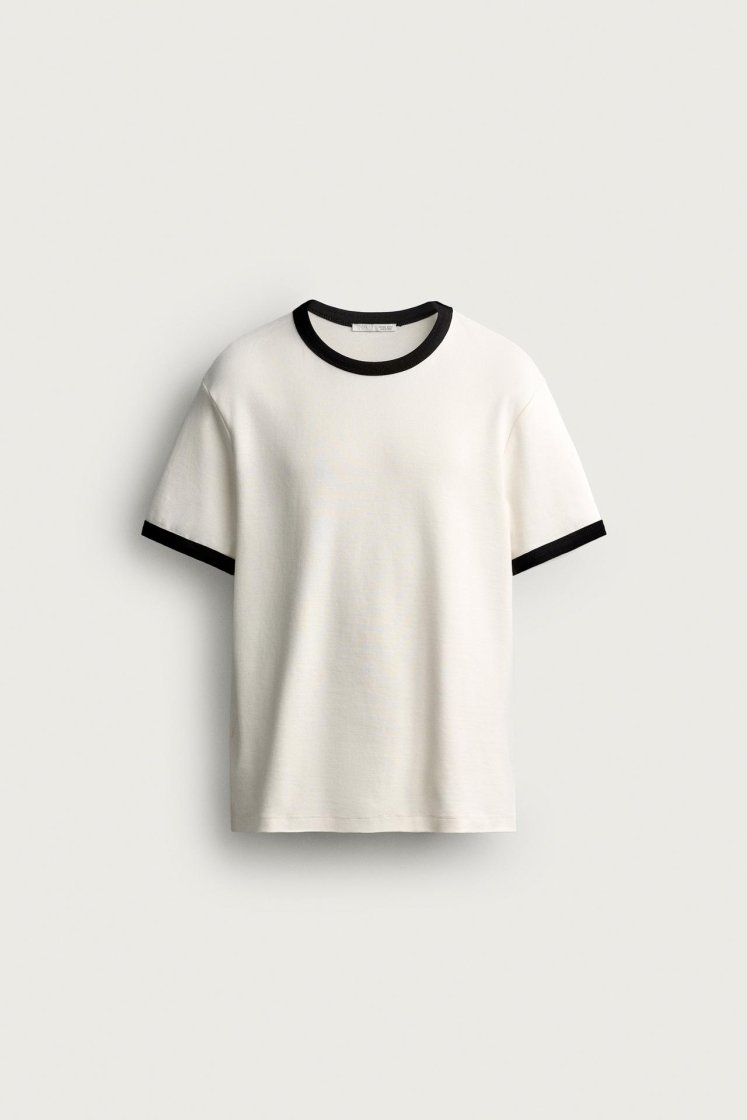 Zara Contrast Ribbed Basic Tee — Blanc cassé