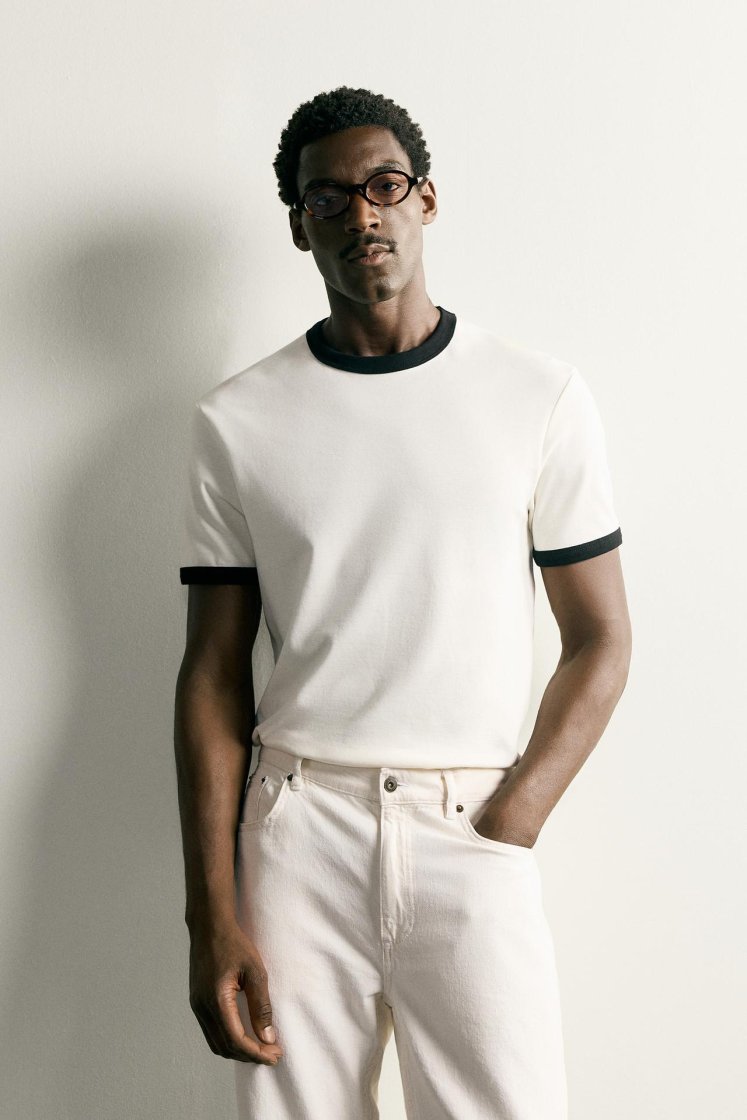 Zara Contrast Ribbed Basic Tee — Blanc cassé