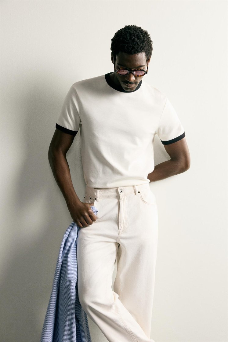 Zara Contrast Ribbed Basic Tee — Blanc cassé
