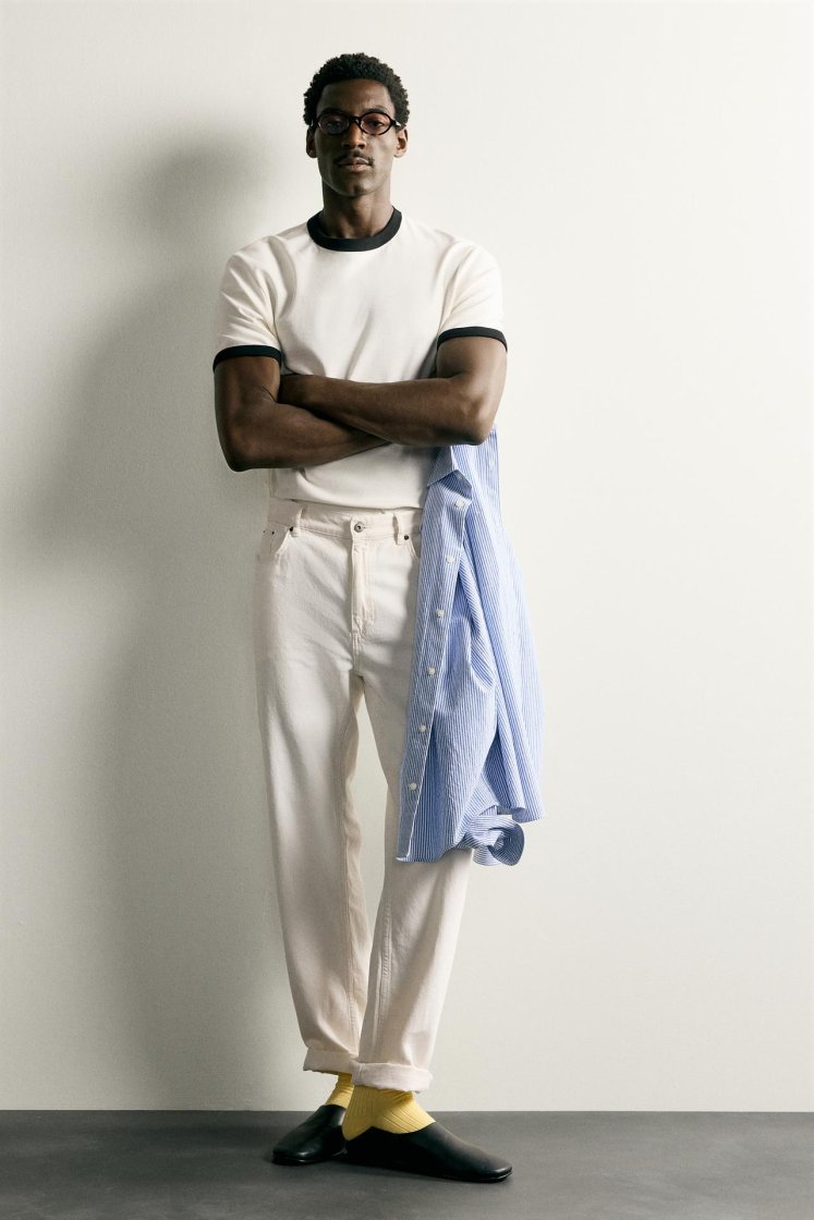 Zara Contrast Ribbed Basic Tee — Blanc cassé