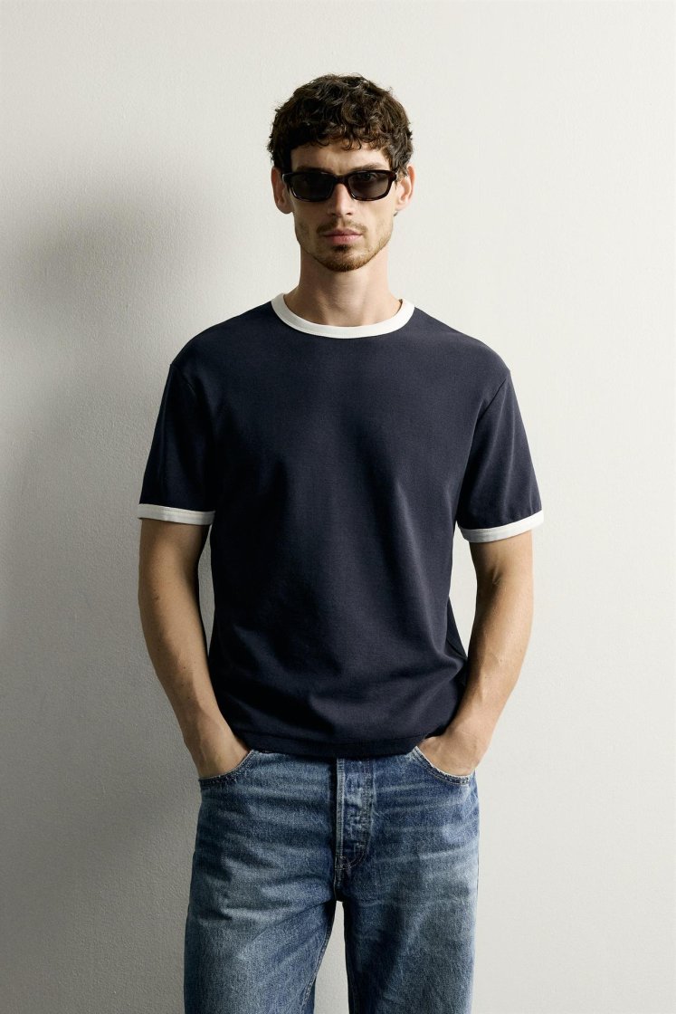 Zara Contrast Ribbed Basic Tee — Bleu marine