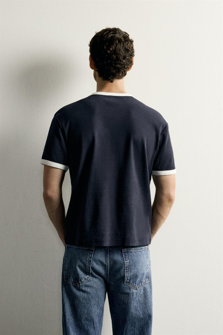 Zara Contrast Ribbed Basic Tee — Bleu marine