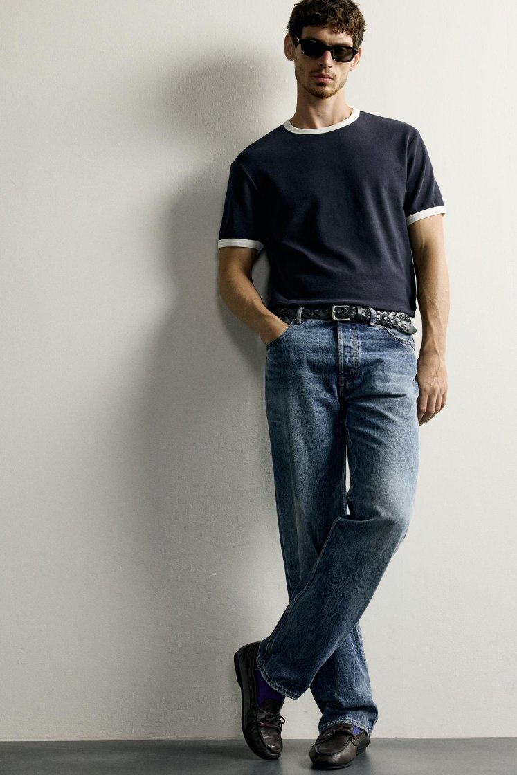 Zara Contrast Ribbed Basic Tee — Bleu marine