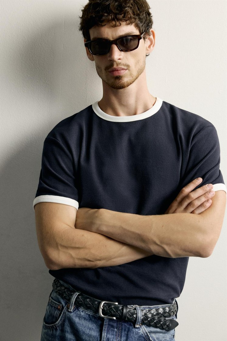 Zara Contrast Ribbed Basic Tee — Bleu marine