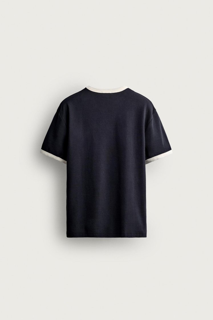 Zara Contrast Ribbed Basic Tee — Bleu marine