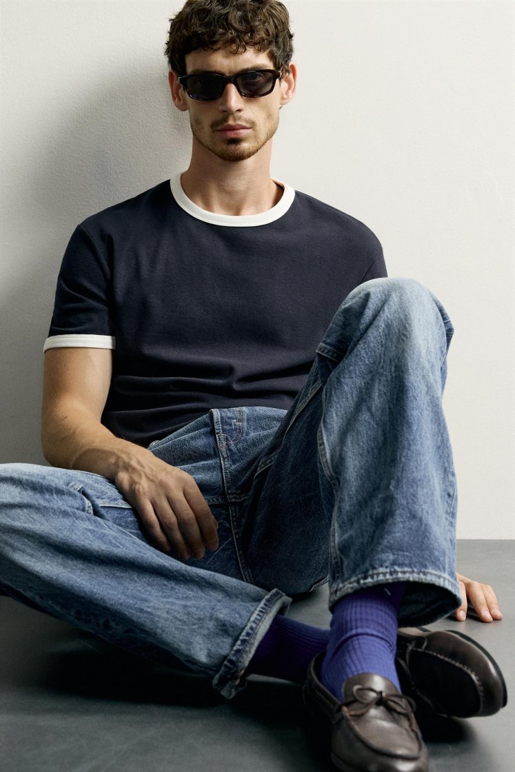 Zara Contrast Ribbed Basic Tee — Bleu marine