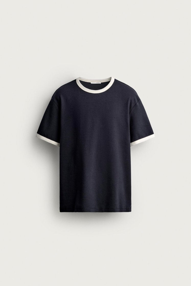 Zara Contrast Ribbed Basic Tee — Bleu marine