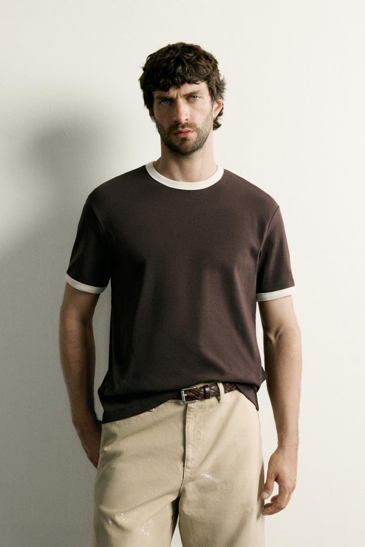 Zara Contrast Ribbed Basic Tee — Marron