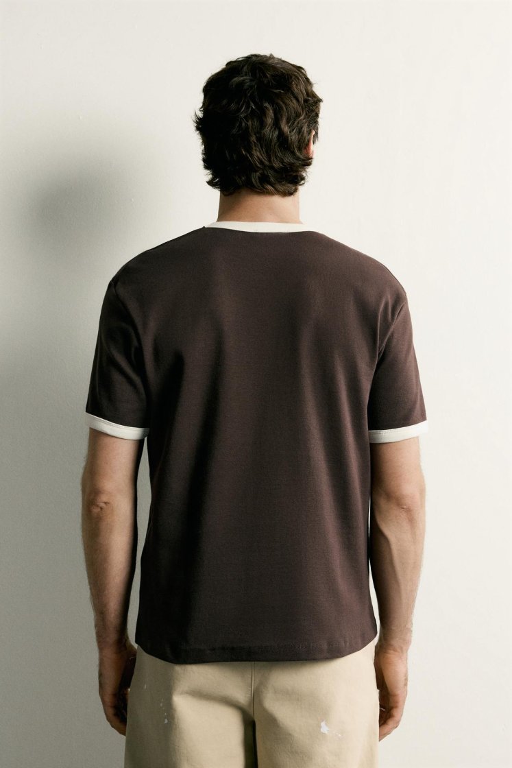Zara Contrast Ribbed Basic Tee — Marron
