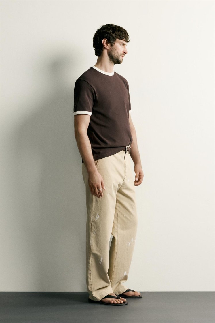Zara Contrast Ribbed Basic Tee — Marron