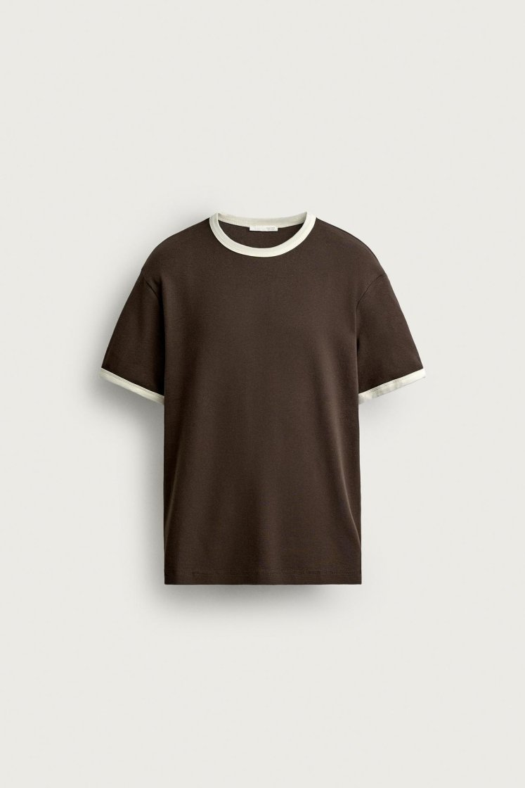 Zara Contrast Ribbed Basic Tee — Marron