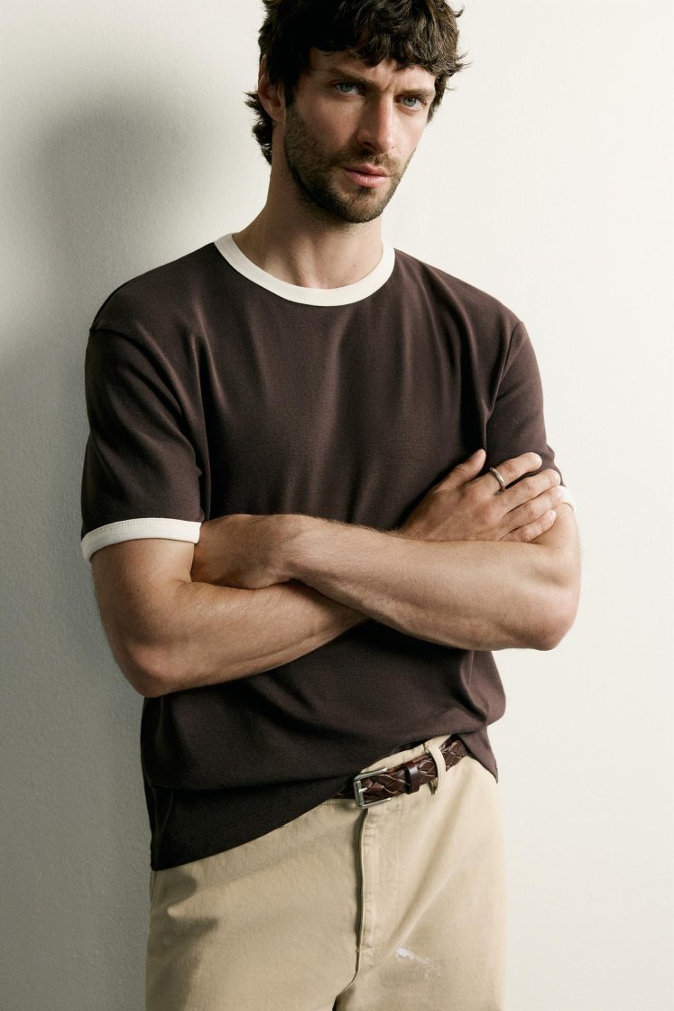 Zara Contrast Ribbed Basic Tee — Marron
