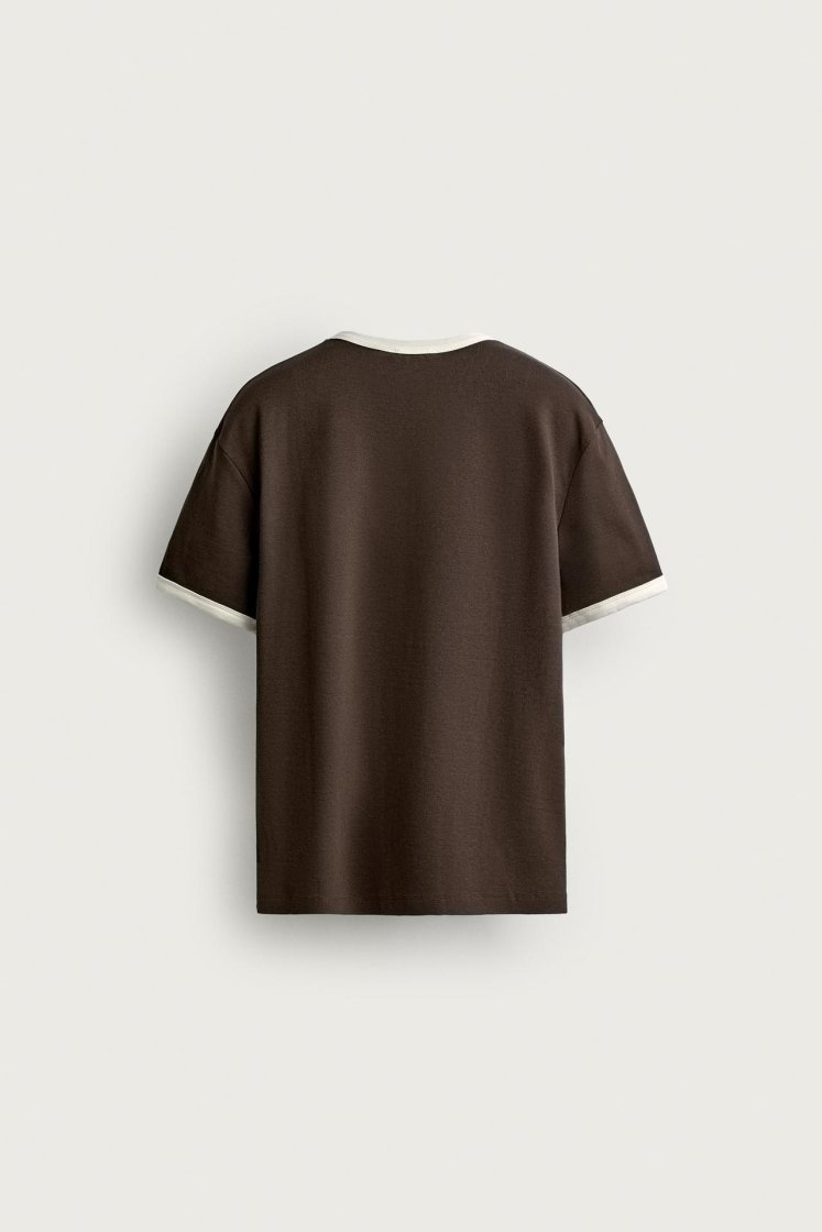 Zara Contrast Ribbed Basic Tee — Marron