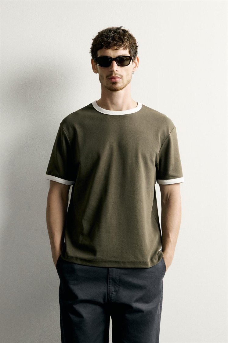 Zara Contrast Ribbed Basic Tee — Vert