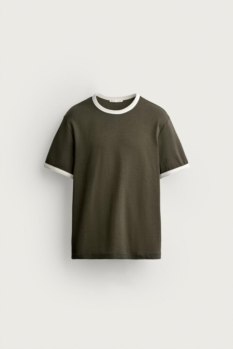 Zara Contrast Ribbed Basic Tee — Vert