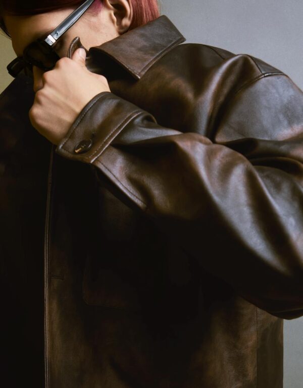 Bershka Black Leather Biker Jacket — Brown
