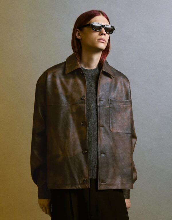 Bershka Black Leather Biker Jacket — Brown