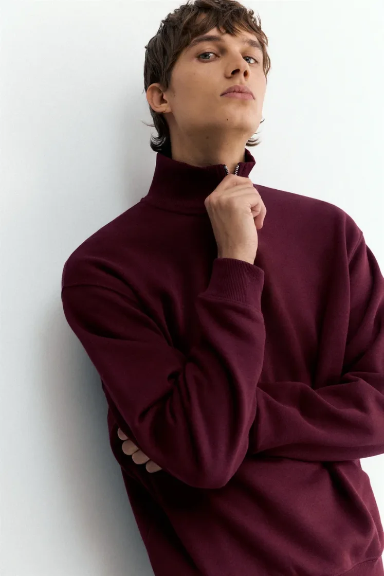 Pull&Bear Zip-Neck Long Sleeve Sweat — Bordeaux