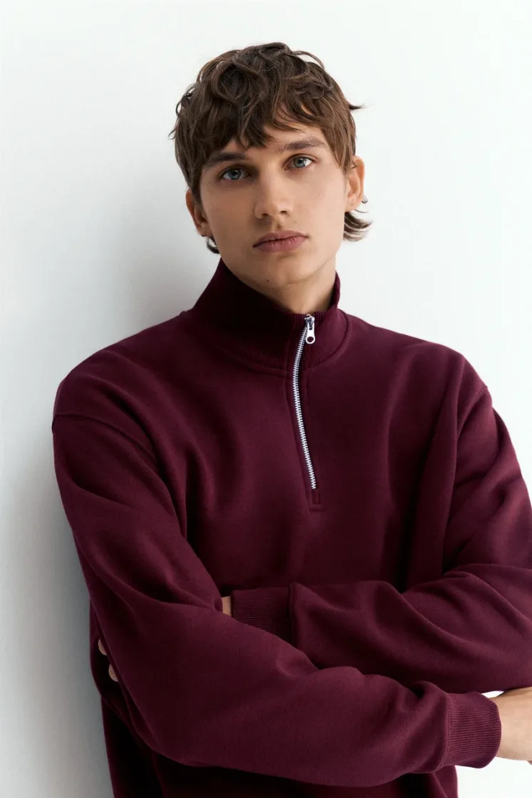 Pull&Bear Zip-Neck Long Sleeve Sweat — Bordeaux