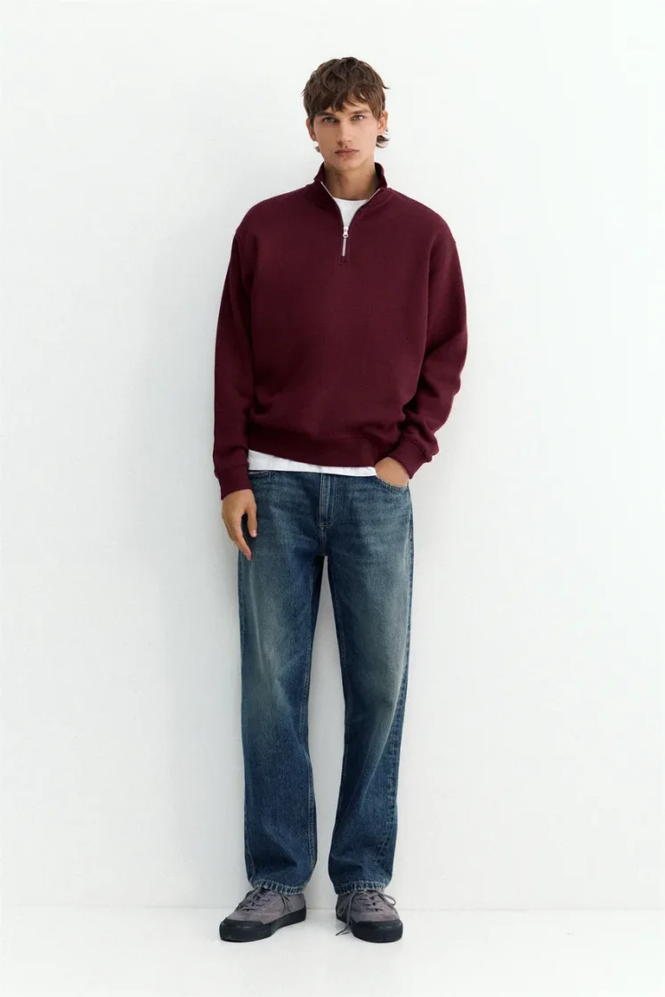 Pull&Bear Zip-Neck Long Sleeve Sweat — Bordeaux