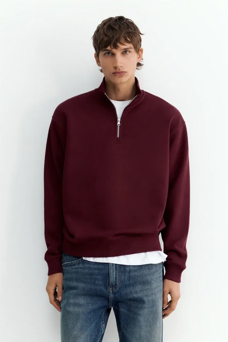 Pull&Bear Zip-Neck Long Sleeve Sweat — Bordeaux