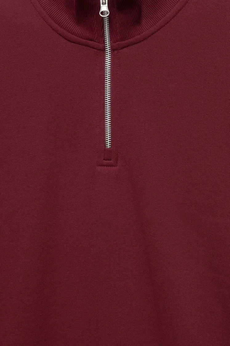Pull&Bear Zip-Neck Long Sleeve Sweat — Bordeaux