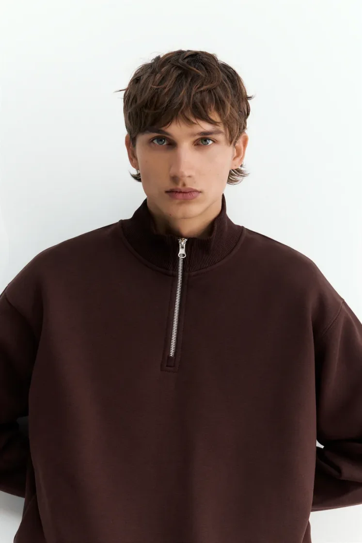 Pull&Bear Zip-Neck Long Sleeve Sweat — Brown