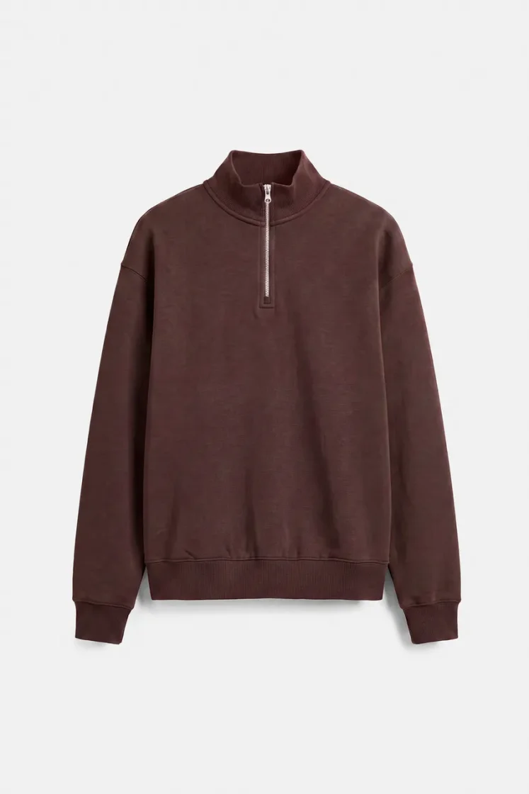 Pull&Bear Zip-Neck Long Sleeve Sweat — Brown