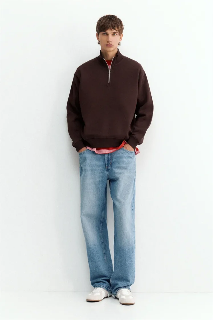Pull&Bear Zip-Neck Long Sleeve Sweat — Brown