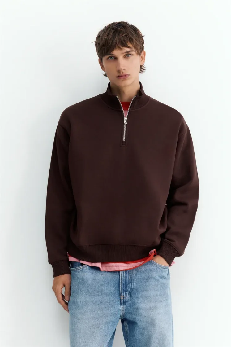 Pull&Bear Zip-Neck Long Sleeve Sweat — Brown