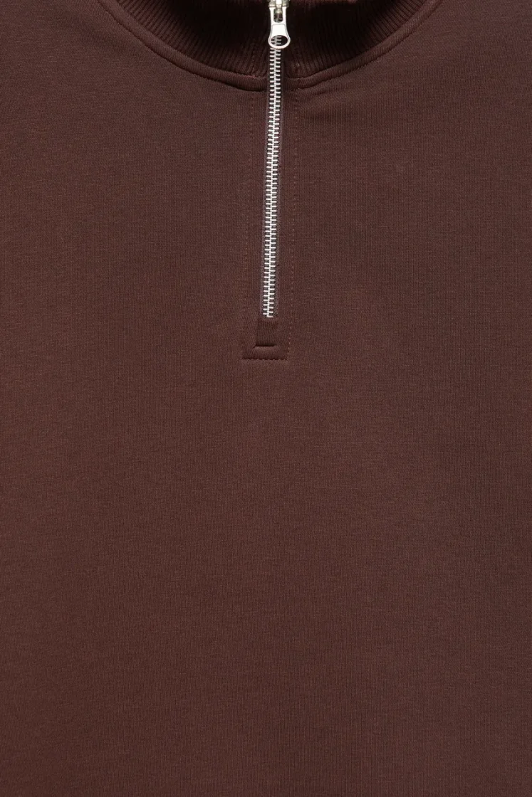 Pull&Bear Zip-Neck Long Sleeve Sweat — Brown
